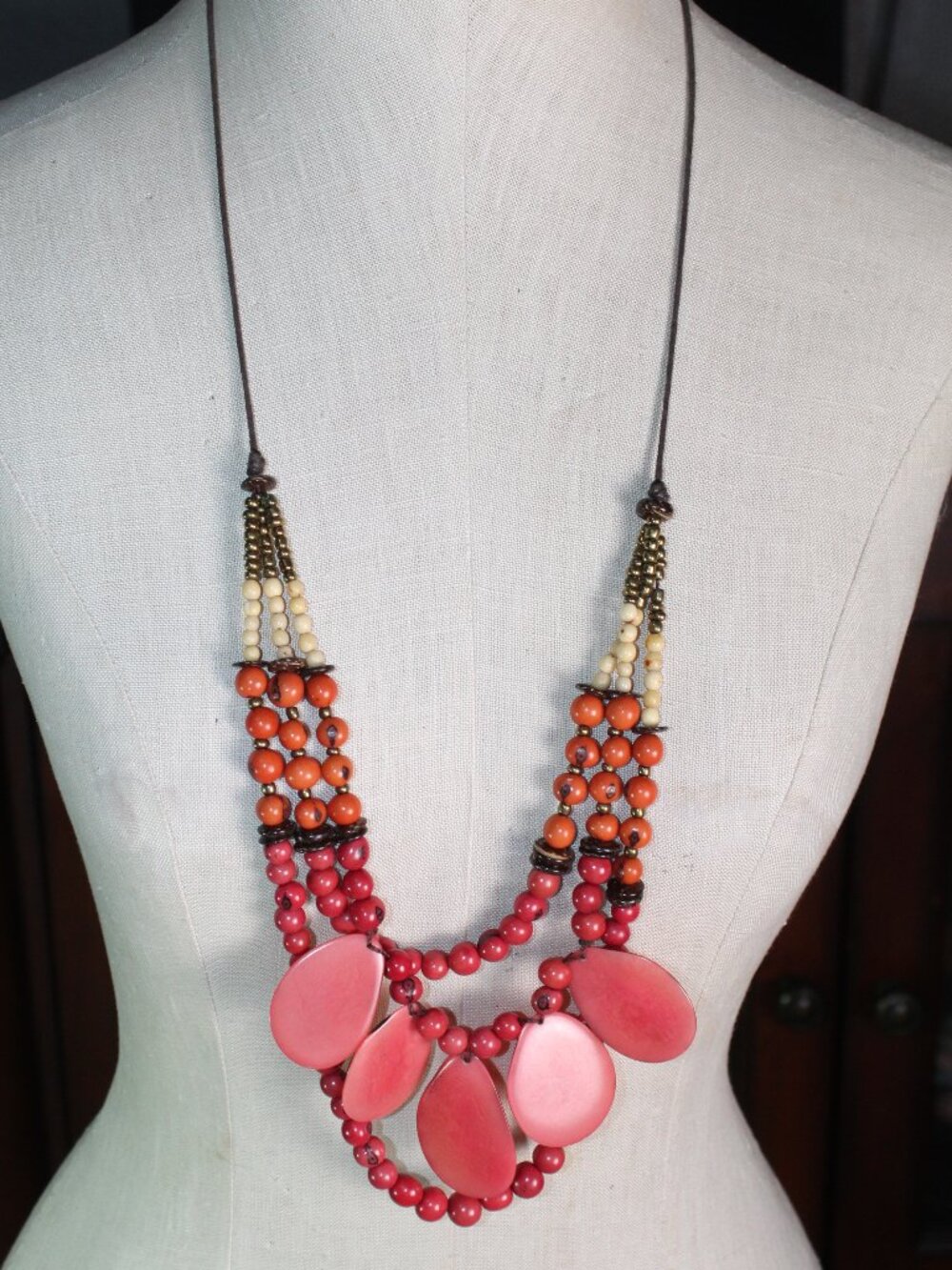 Boho Multi-Strand Beaded 30" Statement Necklace Orange Red Pink